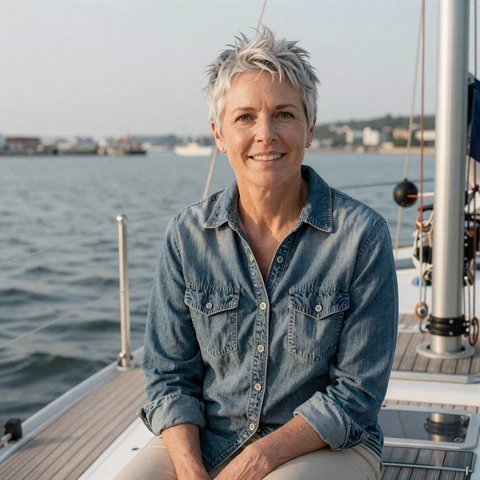 Karen, a 58-year-old MilaDate member relaxing on a sailboat in San Diego