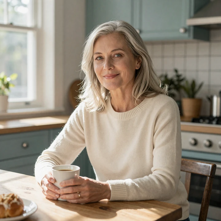 Smiling mature American woman in her early fifties enjoying coffee at home - a real MilaDate member preview