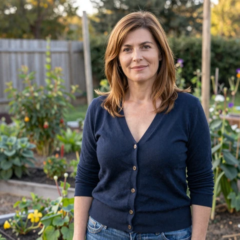 Linda, a 49-year-old MilaDate member smiling in a community garden in Ohio