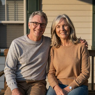 Robert and Catherine, a happy MilaDate couple from Charlotte, sitting on their porch together