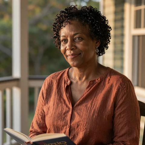 Patricia, a 56-year-old MilaDate member reading on her porch in Atlanta